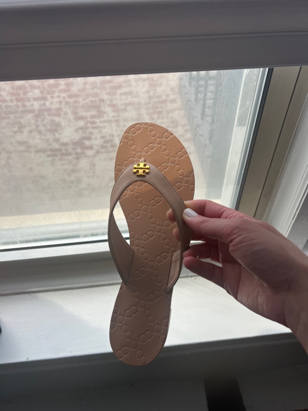 Tory Burch Taupe Logo Thong Sandals with Gold Emblem